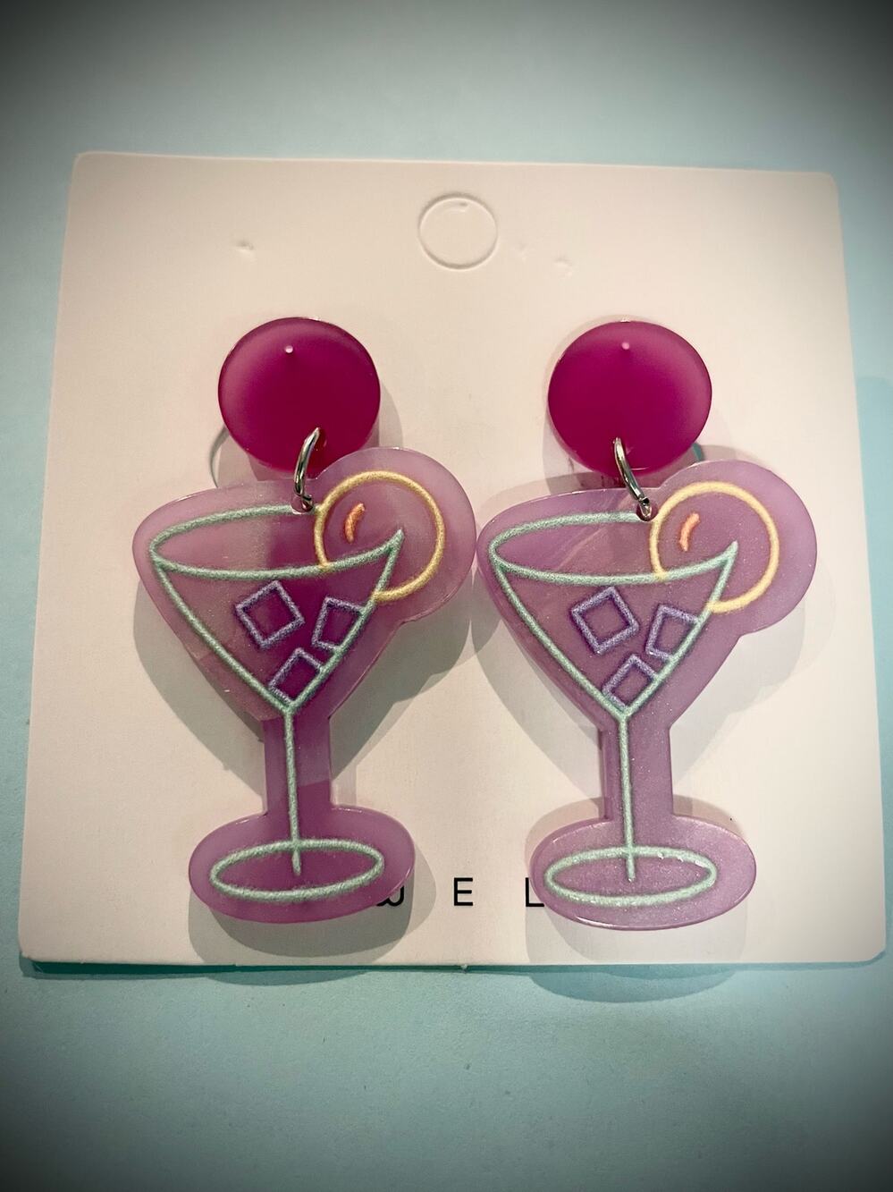 Multicolor purple goblet cocktail wine cups pierced drop earrings - NEW -